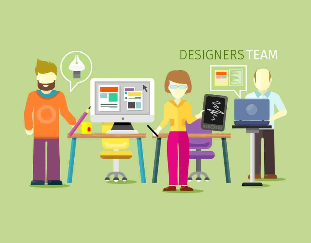 Designers team people group flat style. Design graphic, graphic design, web designer, architect and teamwork, business office and workplace illustration