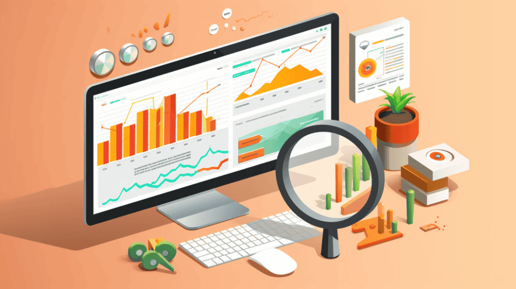 magnifying-glass-hovering-over-a-computer-screen-displaying-Google-Analytics-with-various-graphs-and-charts-illustrating-organic-search-traffic-keyword-rankings-bounce-rate-and-conversion-rates