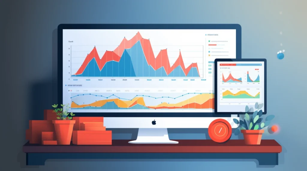 Google Analytics dashboard with colorful line charts and graphs