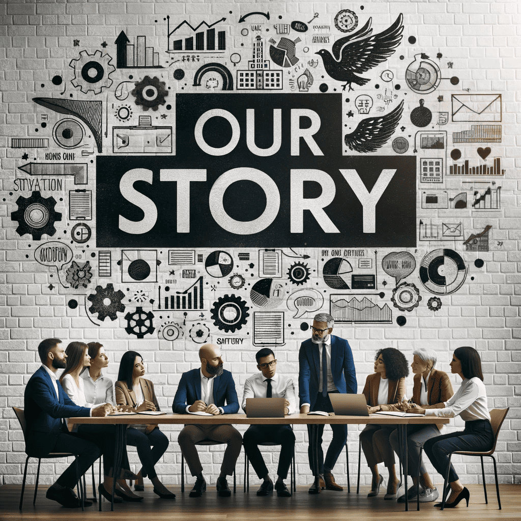 Photo of a diverse team of professionals gathered around a table, discussing and collaborating, with a background wall that has the words 'Our Story' written on it.