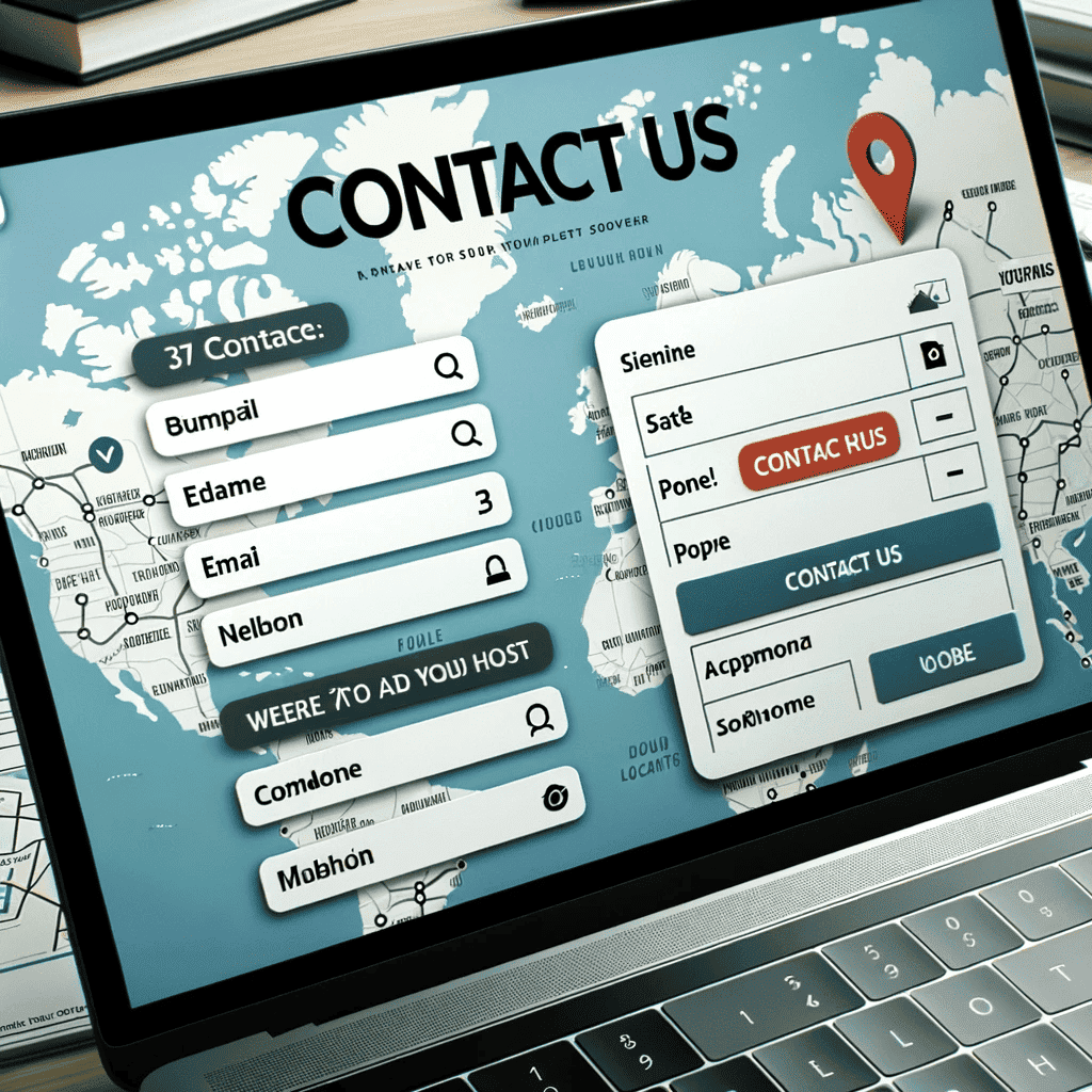 Photo of a 'Contact Us' web page on a laptop, showing a contact form, email address, phone number, and a map indicating business location.