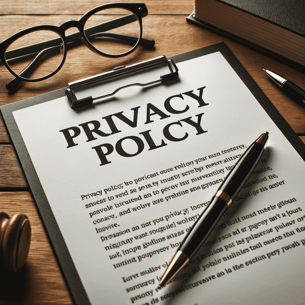 Photo of a document titled 'Privacy Policy' on a wooden desk, with a pen and a pair of glasses placed beside it.