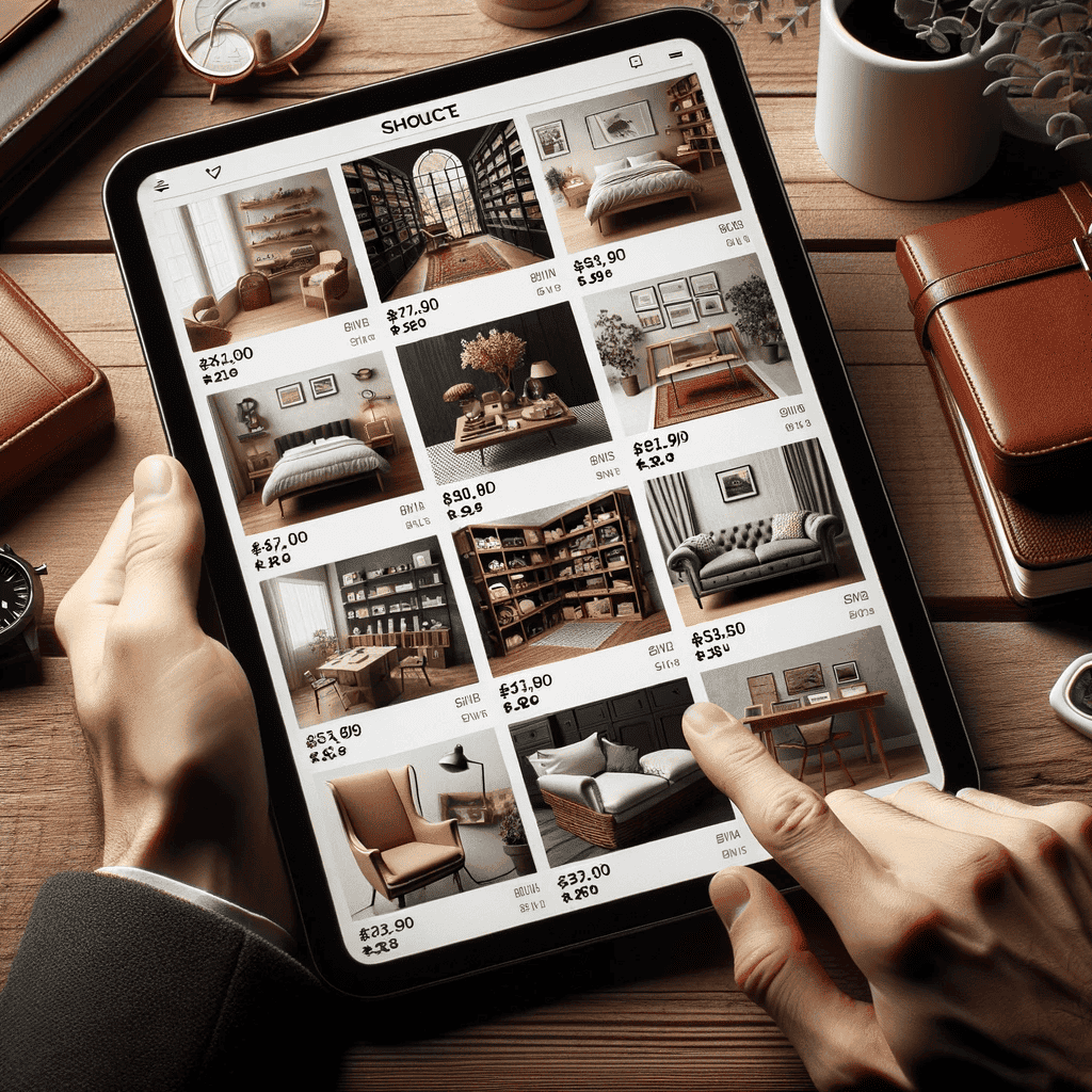 Photo of an online product catalog on a tablet, displaying high-quality images of various products with their descriptions and prices.