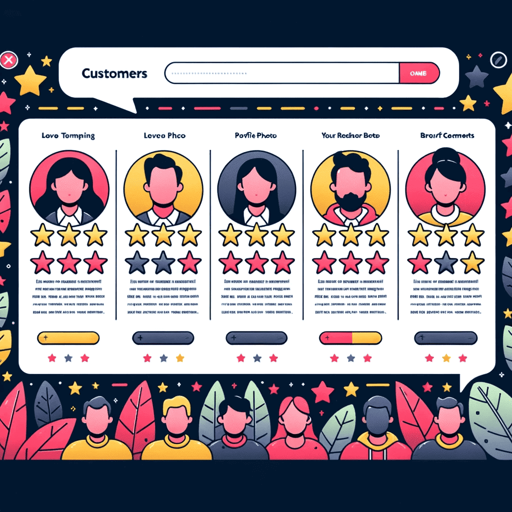 Vector illustration of a website section displaying multiple customer testimonials with star ratings, profile photos, and brief comments.